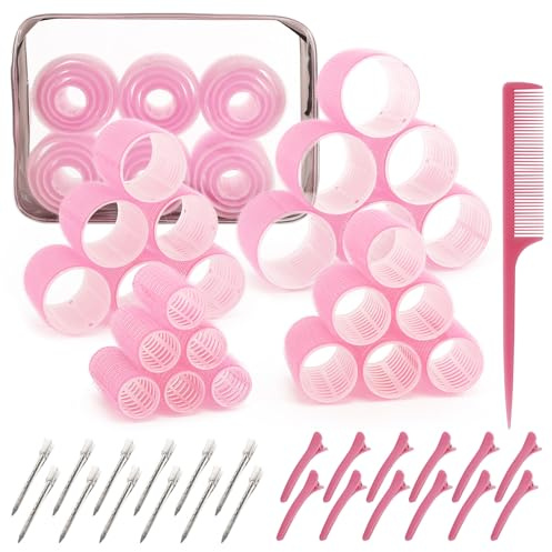 4 Sizes Hair Rollers for Women Set - 50 Pcs Hair Curler Rollers with Clips, Self Grip Hair Rollers for Long, Short Hair and Bangs, 25mm, 36mm, 48mm, 60mm, Pink