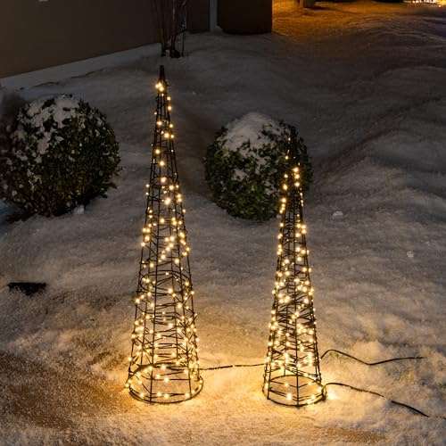 Esotec Solar Weihnachtspyramiden Set Weihnachtsdeko außen Garten LED 103425 | 2 Solar Pyramiden, Höhen 50/60cm, 200 LEDs 2800K, ca.10Std, Li-Ion Akku wechselbar, je 1,2Wp Solarmodul, 5m Zuleitung, IP44