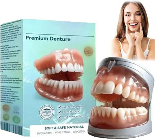 Vollprothesen-Set, Silikon-Unterfütterungs-Prothesen-Set, Zahnprothesen-Set, bequeme, natürlich aussehende Zähne, perfekte Passform für Männer und Frauen (1pcs)