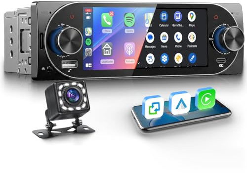 VECHTEL Radio de Coche de 5,1 Pulgadas con carplay inalámbrico Android Auto, Radio FM 1 DIN con Bluetooth, Mirror Link, EQ, Type-C/USB/TF/AUX, cámara de Marcha atrás/Control en el Volante