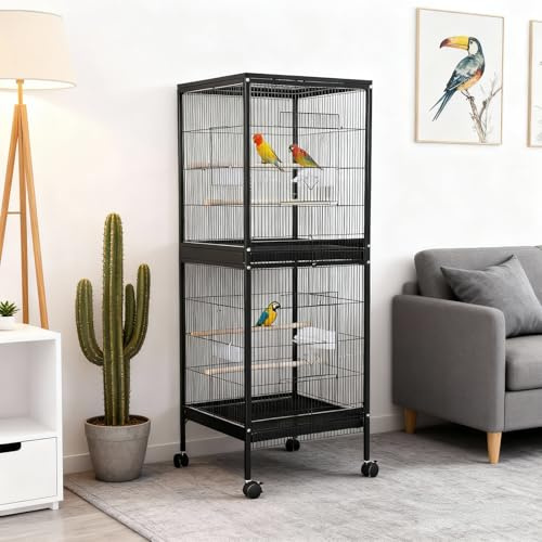 Vogelkäfig Groß 52 x 50x143cm, Vogelvoliere für Wellensittich Papagei Nymphensittiche Chinchilla, Nagerkäfig 2 Ebenen mit Ständer & Rollen & 4 Türen, Abnehmbarem Tablett und Futtertrögen, Schwarz