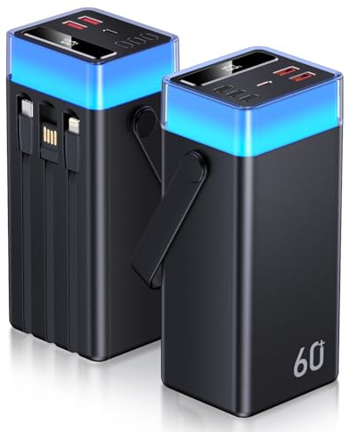 60000mah Batterie Externe Charge Rapide avec Câbles Intégrés, Batterie Portable Grande Capacité USB C PD 22.5W Power bank Chargeur Portable 5 Entrées & 2 Sorties,avec Affichage LED pour Samsung iPhone