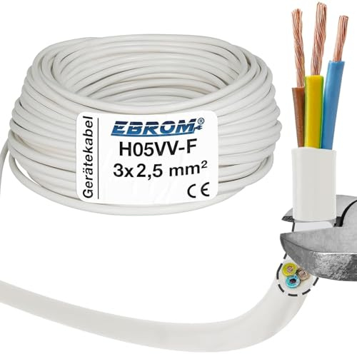 EBROM Schlauchleitung Gerätekabel H05VV-F 3x2,5 mm² - weiß, Länge: 5 m | von 5 m bis 50 m wählbar, flexibel RUND, 3x2,5 mm2, leistungsstarke Haushaltsgeräte, Elektrowerkzeuge, Verlängerungsleitungen