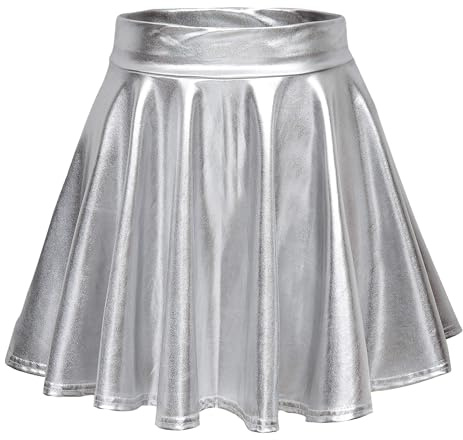 EXCHIC Mujeres Cosplay Metálica Brillante Líquida Acampanada Mini Falda(XL, Plata)