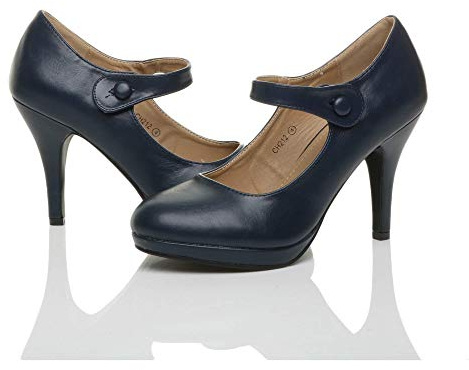 AJVANI Womens Ladies Medium high Heel Mary Jane Strap Party Evening smart Work Court Shoes Pumps Size