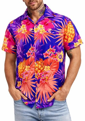 King Kameha Funky Hawaii-skjorta för män, kortärmad, frontficka, Hawaii-tryck, ananas, palmer och blommor, Mörkblå, M