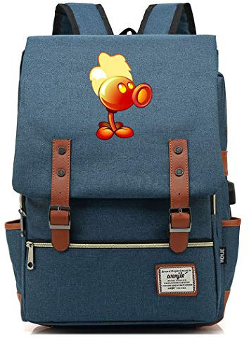 WANHONGYUE Plants vs. Zombies Spiel Backpack Vintage Schulrucksack Studententasche Schulranzen 15,6 Zoll Laptop Rucksack mit USB-Ladeanschluss Steel Blue / 4