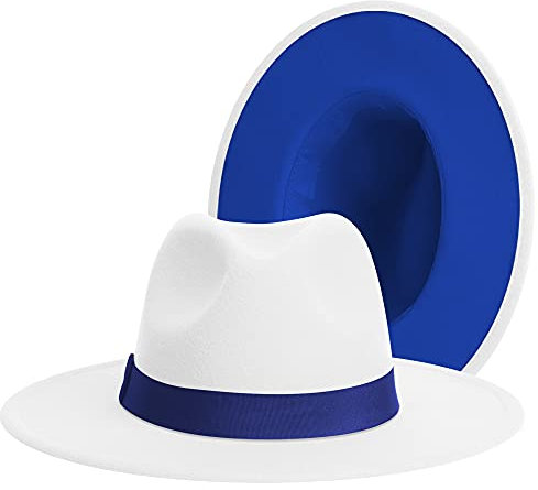 Fedora-Hüte mit breiter Krempe für Damen und Herren, klassisches Kleid, Panamahut, verstellbarer Filzhut mit Band, Weiß-Blau, Blau, Large