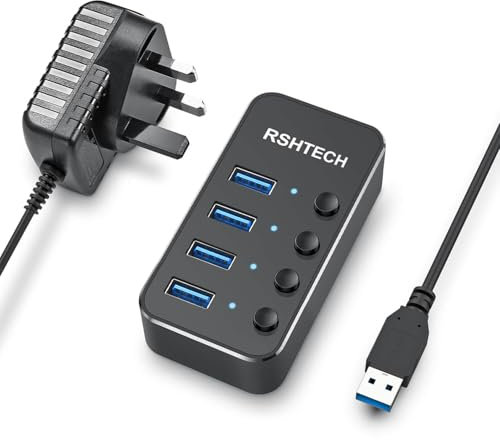 RSHTECH Powered USB Hub Aluminum 4-port USB 3.0 Hub with 5V/2A Power Supply and Individual On/Off Switch (Black)