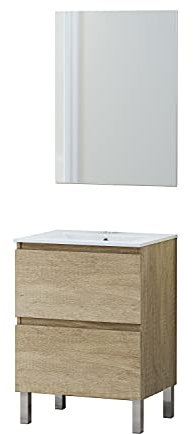 Baikal Conjunto Mueble de Baño con Lavabo y Espejo, con Patas, en Varios Acabados, Melamina 16. Puerta + Cajón 60 cm Nature
