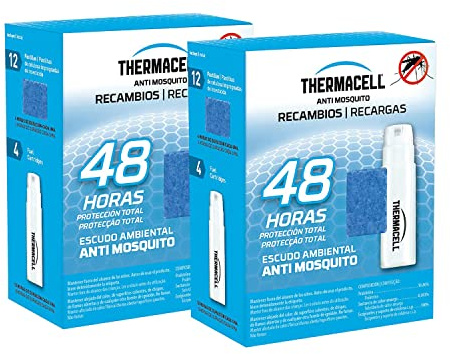 ThermaCELL Pack de 2 Recambios 48h Incluye 24 Pastillas con Repelente, 8 Cartuchos de Gas, Compatible con Todos los aparatos.