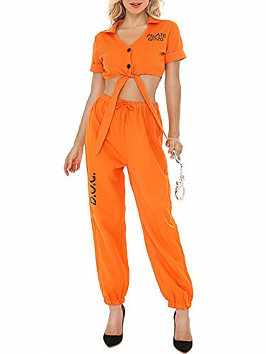 Lazzboy Halloween Kostüm Damen Erwachsene Gestreifte Gefangene Kleidung Gefängnis Bühnenspiel Cosplay Oberteil Prison-sträfling Karneval Verkleidung Fasching Gefangener Verbrecher (L,Orange)