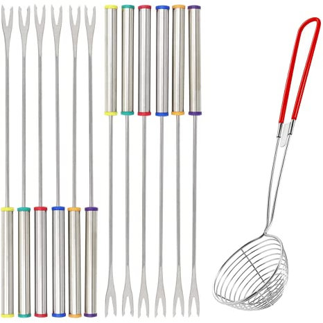 通用, Tenedores de Fondue de Acero Inoxidable con mango resistente al calor 6 colores 9,4 Pulgadas para asar queso malvaviscos carne con Colador Olla Caliente de acero inoxidable (12)