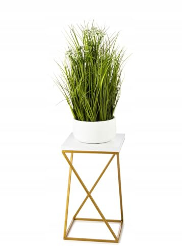 HowHomely Blumenständer Metall 40 cm Hoch - Blumenhocker mit Weiß MDF-Platte auf Gold Ständer - Pflanzenständer im Loft-Stil für die Innendekoration