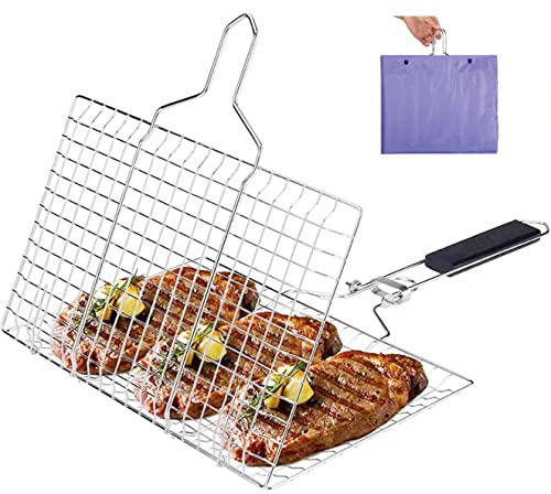 Fish Grill Basket,Olighan Foldable Grilling Basket with Removable Handle,Stainless Steel Large Folding BBQ Rack,Portable Camping Grilling baskets for Vegetables,Steak,Fish,Shrimpand at Home or Outdoor