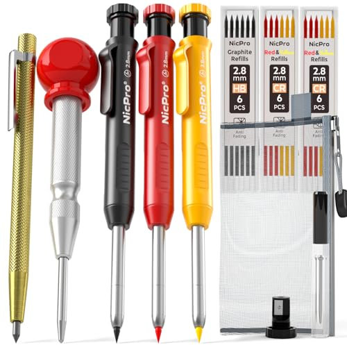 Nicpro 10 Pack Carpenter Pencils Mechanical, Construction Pencils with 21 Refill, Automatic Center Punch and Carbide Scribe Tool, Mechanical Pencil for Woodworking, Best Carpenters Marking Tool