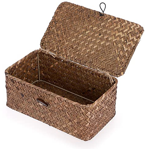 Hipiwe Wicker Shelf Baskets Bin with Lid, Handwoven Seagrass Storage Boxes