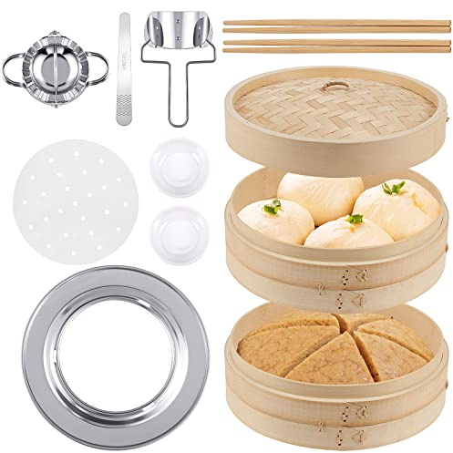 10 Inch 2 Tier Bamboo Steamer Basket Set Including Stainless Steel Steamer Ring Dumpling Maker Mold and Cutter Meat Spoon 2 Pairs Bamboo Chopsticks 2 Pcs Sauce Dish 50 Pcs Paper Liners for Kitchen
