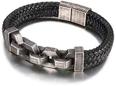 Ayoiow Männer Armband Indianer, Armbänder Männer Edelstahl Männer Armband Leder Schwarz Geflochtene Kette
