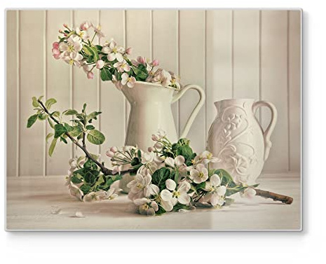 DEQORI Planche à découper en verre | Grande taille 40 x 30 cm | Motif fleurs de pomme dans le pichet | Planche à découper design pour cuisine | Planche à petit-déjeuner antibactérienne & antidérapante