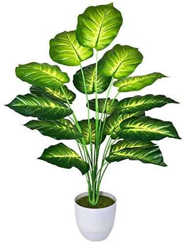 AIVORIUY Kunstpflanzen Groß Areca Kunstpalme im Topf Plastik Künstliche Pflanze Tropical Palme mit Blättern Grün Fake Plant für Schlafzimmer Büro Garten Hochzeit Dekor (77cm Gelb)