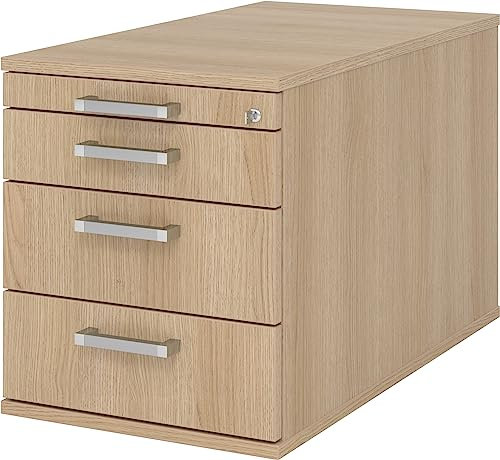 bümö Rollcontainer mit Schubladen, Container abschließbar aus Holz in Eiche - Rollwagen für's Büro als Schreibtisch Unterschrank, Bürocontainer od. Schreibtischcontainer mit Chromgriffe