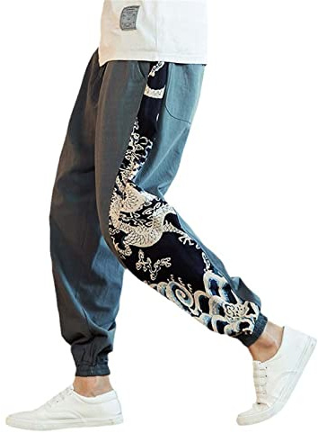 MQMYJSP Pantalon sarouel chinois pour homme, pantalon de jogging japonais avec broderie dragon