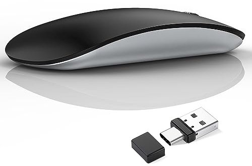 Uiosmuph Wireless Mouse, USB C Rechargeable Computer Mouse, Slim Silent Mice 2.4GHz Optical with USB Nano Receiver and Type C Receiver for Laptop/Mac/PC(Black)