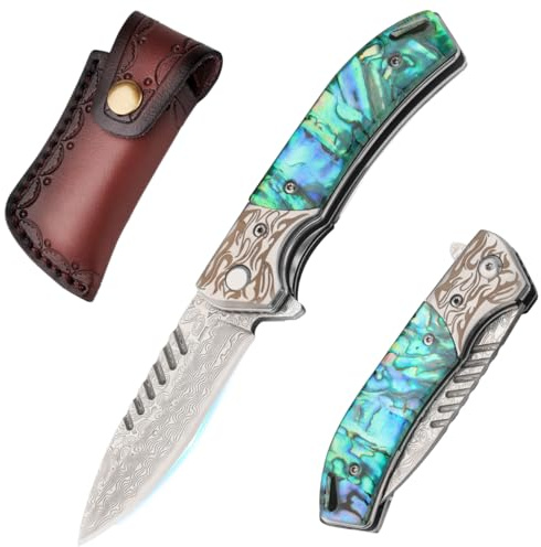 SUNEMY Damast Taschenmesser Klappmesser mit gravur, Hochwertig Jagdmesser Einhandmesser Einzigartig Abalone Muschel Griff, für EDC Männer Outdoor Sammeln Geschenk