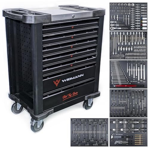 WIDMANN Tool Trolley Cabinet with Tools Steel Workshop Storage Chest Carrier ToolBox, Black (TC7-6BL)
