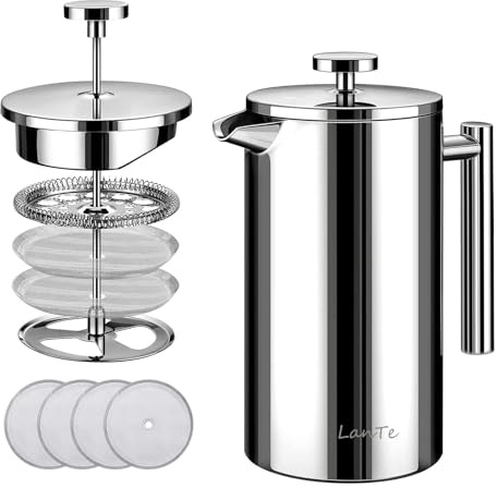 French Press, 600ml Double Insulated 304 Stainless Steel Coffee Tea Maker 4 Level Filtration System, No Coffee Grounds, Rust-Free, Dishwasher Safe