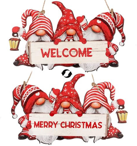 Christmas Welcome Sign for Front Door Gnome Merry Christmas Hanging Welcome Double-sided Wood Plaque Gnomes Wooden Plaque Door Sign for Xmas Home Indoor Outdoor Decor