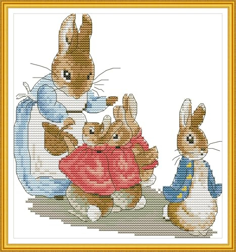 ABEUTY Cross Stitch Kits Bunny Rabbit Family for Adults, DIY 14 Count Embroidery Sewing Starter Kit Stamped DMC Needlework Easy Beginners (Stamped Bunny)