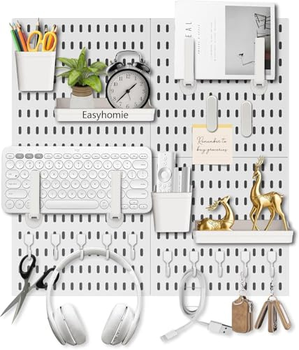 Easyhomie Wall Organiser Pegboard Combination Kit with 4 Tiles 30x30cm Pegboards + 20 Pieces Accessories for Room Storage, Organization and Decoration, Free Combination & Easy Install