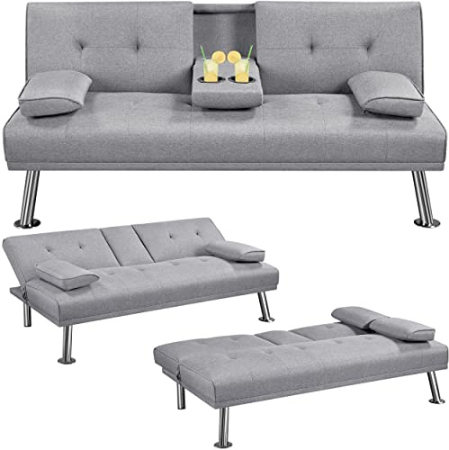 Yaheetech Divano Letto con 2 Braccioli Staccabili Divano Trasformabile Mobile Imbottito a 3 Posti Divanetto Reclinabile da Salotto con Supporto Centrale Porta Bicchieri Grigio Chiaro/Tessuto