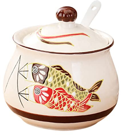 OUNONA Japanese Style Ceramic Storage Jar Lid Hand-Painted Carp Pattern Tea Dispenser Salt Bowl Large Capacity Food Storage Pot
