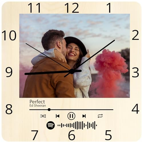 Stileitaliano Orologio Spotify personalizzato da parete in legno moderno a muro casa soggiorno cucina con foto stampa Idea Regalo per San Valentino anniversario compleanno (quadrato numeri)