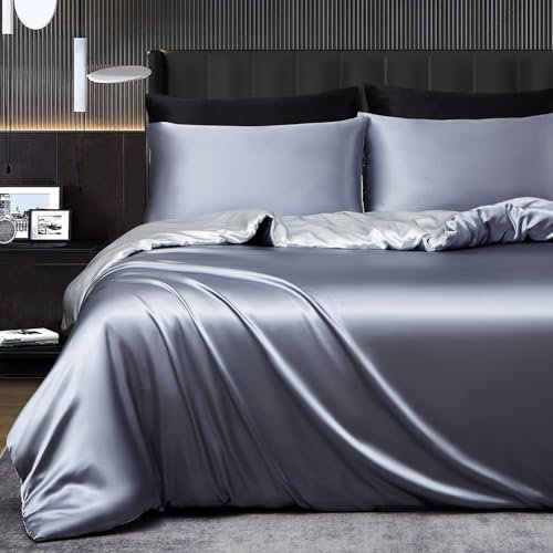Sedefen Bettwäsche 200x220cm Grau Dunkelgrau Satin Seide Uni Bettbezug 3 Teilig Anthrazit Hellgrau Glatt Glänzend Wendebettwäsche Set Sommer Deckenbezug mit Reißverschluss und 2 Kissenbezug 80x80cm