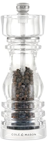 Cole & Mason London - Molinillo de pimienta acrílico, mecanismo de precisión + carbono, molinillo de pimienta con molino ajustable, 180 mm, molinillo de condimentos, mecanismo de por vida