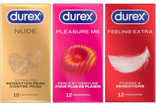 DUREX - Lot de 3 Boîtes de Préservatifs - Nude x10 - Pleasure Me x12 - Feeling Extra x12