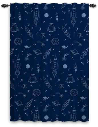 ggaimwf Rideaux spatiaux pour Enfants Rocket Galaxy Planet Bleu Marine Chambre à Coucher sur Le thème de l'espace Rideaux de Porte et fenêtre pour garçon Salle de Jeux de crèche 117x175cm 1 Panneau