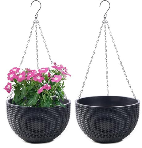 WOWEI Blumenampel Hangend 2er Set Hängeampel mit Wasserspeicher & Ablaufloch Selbstbewässerung Blumenampel Outdoor Indoor Hängeampel Pflanzen mit Ketten Blumentopf Hängepflanztöpfe (Schwarz, M:2 Set)