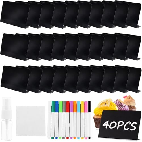 SENENQU 40 Stück Klein Kreidetafel zum Beschriften mit Stift, L-Form Mini Kreidetafeln Schilder, Kunststoff Buffet Schilder Preisschilder Aufsteller zum Beschriften für Buffet, Bäckerei, Party