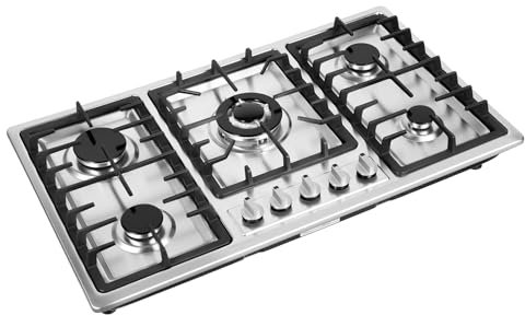 WooDerson Gasherd Mit 5 Flammen Mit Automatisch Abgeschaltet, Gaskochfeld 5 Flammig Edelstahl, Gas Herdplatte Einbau, Energiesparender, Metall Feuerabdeckung, 86x51x8cm