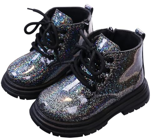 SEAUR Niñas Botas Cortas Antideslizantes Botas Otoñales con Cordones Cremallera Niños Botas Brillantes Zapatos de Lentejuelas Suela Blanda Negro 25 EU