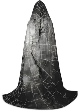 KWQDOZF Halloween-Umhang mit Kapuze und schwarzem Spinnennetz, voller Länge, Weihnachten, Cosplay-Partykostüme für Unisex-Teenager, Größe 119 cm