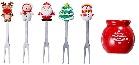 5 palillos reutilizables para ensalada de frutas, tenedor de frutas de Navidad con base, tenedor de postre de dibujos animados, accesorios de fiesta