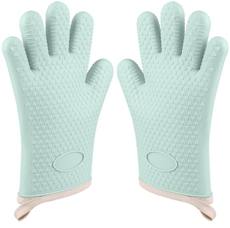 Cverny Gants de cuisine en silicone, résistants à la chaleur et antidérapants avec doublure en coton épais, gants de cuisine imperméables et antidérapants avec doigts, gants de cuisine pour la cuisson