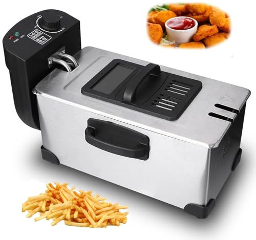 Freidora de grasa de acero inoxidable de 2000 W, freidora eléctrica de 3 litros con control de temperatura ajustable de 0 ℃ a 190 ℃, antideslizante, cesta de aceite extraíble, fácil de limpiar para
