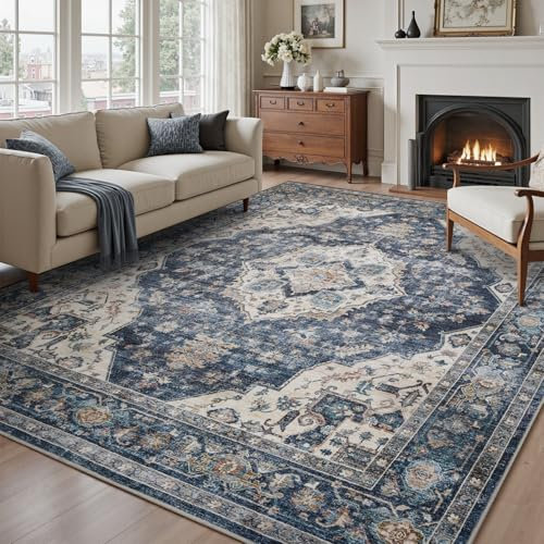 SIXHOME Vintage Teppich Wohnzimmer 90 * 150cm, Waschbar Teppich Schlafzimmer Kurzflor, Weich rutschfest Carpet für Wohnzimmer, Schlafzimmer, Esszimmer, Blau